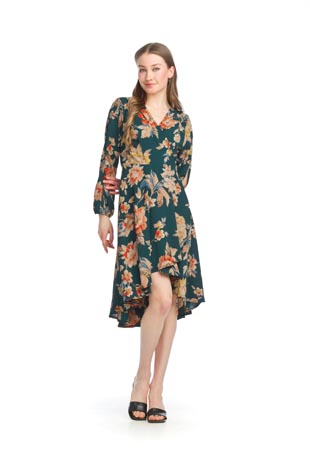 PD-15505 - Floral Print Crepe High Low Wrap Dress with Slit on Sleeves  - Colors: As Shown - Available Sizes:XS-XXL - Catalog Page:46 
