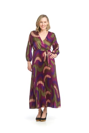 PD-15530 - Satin Abstract Print Pleated Dress with Tie Belt - Colors: As Shown - Available Sizes:S-XL - Catalog Page:45 