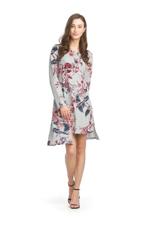 SD-15422 - Floral Aline Sweater Dress with Pockets and Step Hem - Colors: As Shown - Available Sizes:XS-XXL - Catalog Page:32 