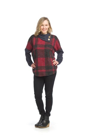 ST-15305 - Plaid Drape Neck With Buttons Tunic - Colors: As Shown - Available Sizes:XS-XXL - Catalog Page:13 