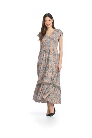 PD-14511 - FLORAL AND PAISLEY BUTTON FRONT MAXI DRESS WITH ELASTIC WAIST AND LACE INSET - Colors: AS SHOWN - Available Sizes:XS-XXL - Catalog Page:42 