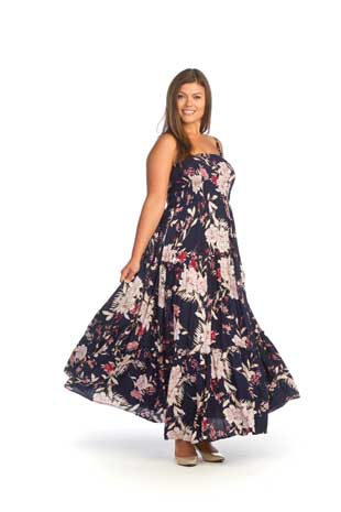 PD-14553 - FLORAL TIERED SMOCKED MAXI DRESS WITH ADJUSTABLE - Colors: AS SHOWN - Available Sizes:XS-XXL - Catalog Page:12 