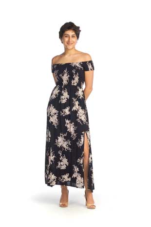 PD-14585 - FLORAL OTS MAXI DRESS WITH FRONT SPLITS AND POCKETS - Colors: AS SHOWN - Available Sizes:XS-XXL - Catalog Page:6 