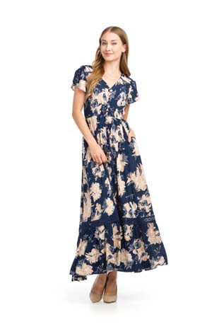 PD-16511 - PAISLEY SHORT SLEEVE MAXI DRESS WITH LACE INSET AND ELASTIC WAIST AND POCKETS - Colors: AS SHOWN - Available Sizes:XS-XXL - Catalog Page:15 