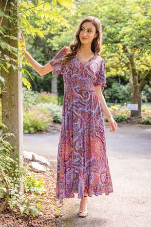 PD-16512 - DITSY GEO PRINT BUTTON FRONT MAXI WITH SMOCKING WAIST & TIE SLEEVE - Colors: AS SHOWN - Available Sizes:XS-XXL - Catalog Page:10 