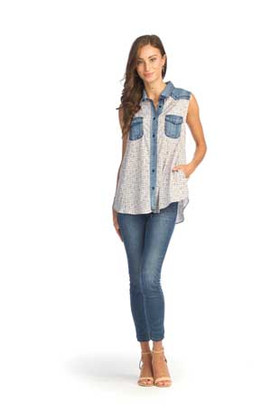 PT-14099 - GINGHAM FLORAL DENIM YOKE BLOUSE WITH POCKETS - Colors: AS SHOWN - Available Sizes:XS-XXL - Catalog Page:62 
