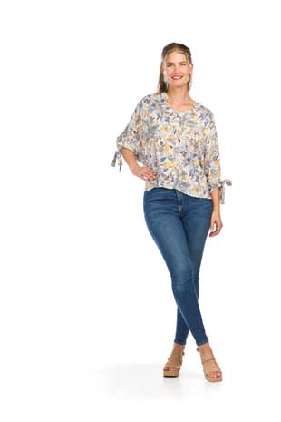 PT-16122 - FLORAL HIGH LOW BLOUSE WITH TIE SLEEVES - Colors: AS SHOWN - Available Sizes:XS-XXL - Catalog Page:47 