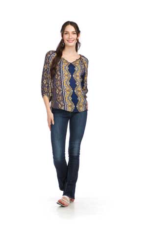 PT-16125 - PAISLEY BORDER PRINT 3/4 SLEEVE TOP - Colors: AS SHOWN - Available Sizes:XS-XXL - Catalog Page:54 